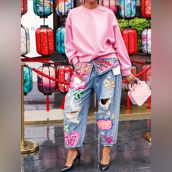 Passion of Essence Denim - Rhinestone Floral Wide Leg High Waist Horseshoe Baggy Cropped Denim Pants SizeXL